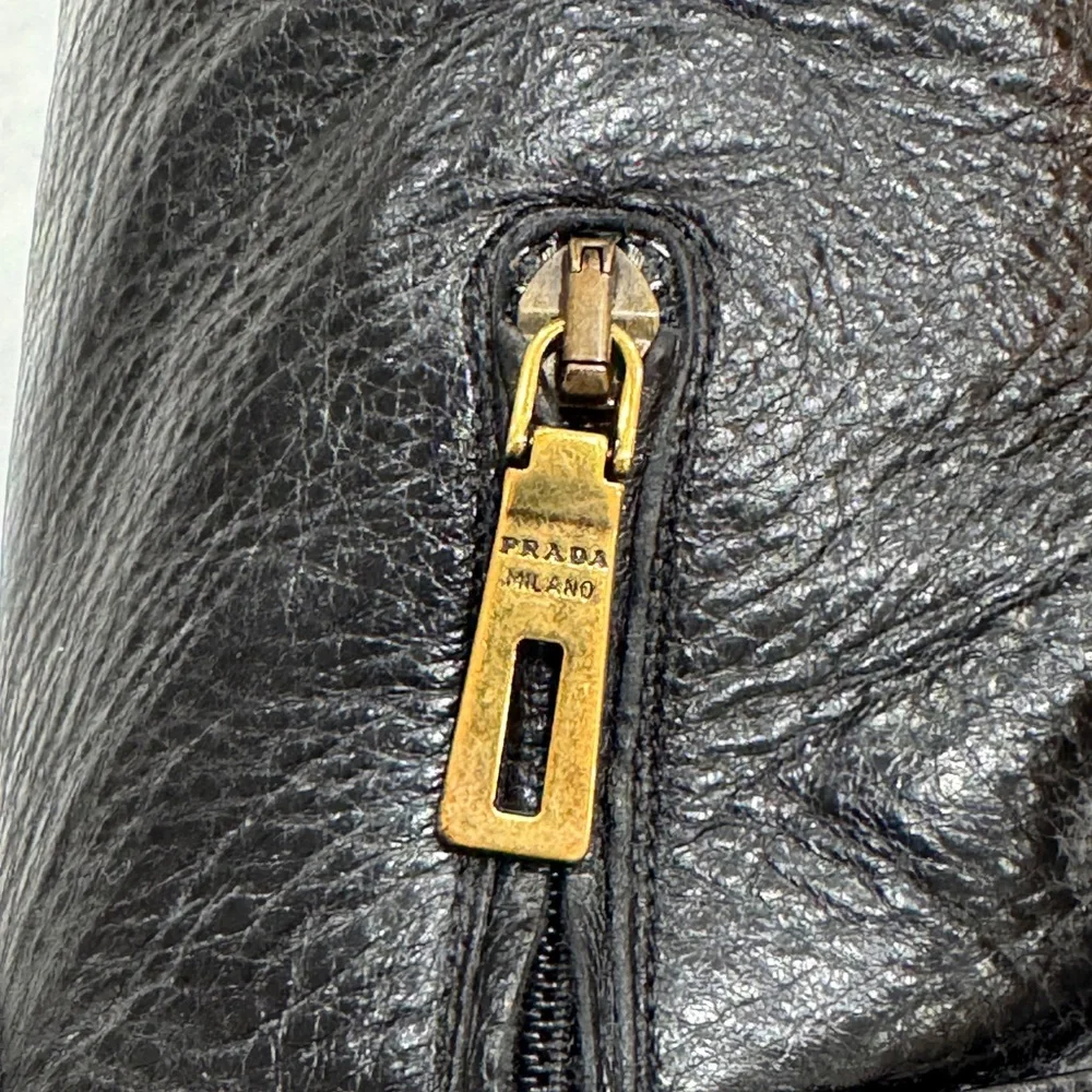 Prada Black Leather Tall Boots with Gold Logo Emblem - Picture 6 of 12